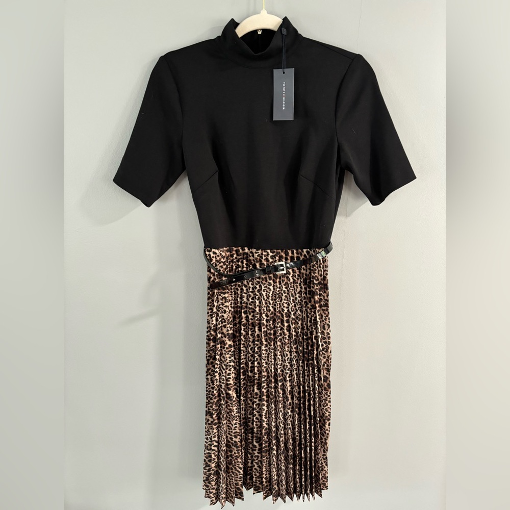 Tommy Hilfiger Black Leopard Print Mock Neck Pleated Midi Dress with Belt NEW